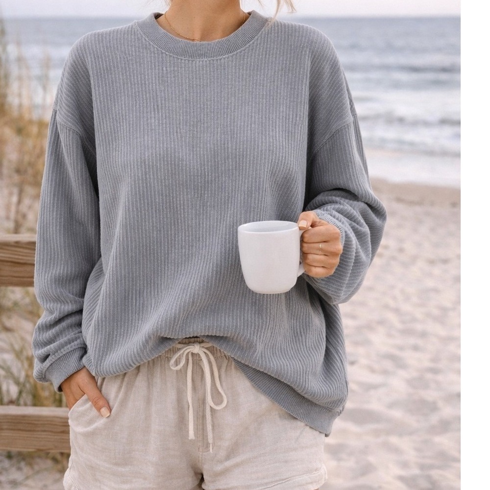 Southern‎ Shirt Co Gray Ribbed Crewneck Sweatshirt Pockets Cozy Beach Lounge XS